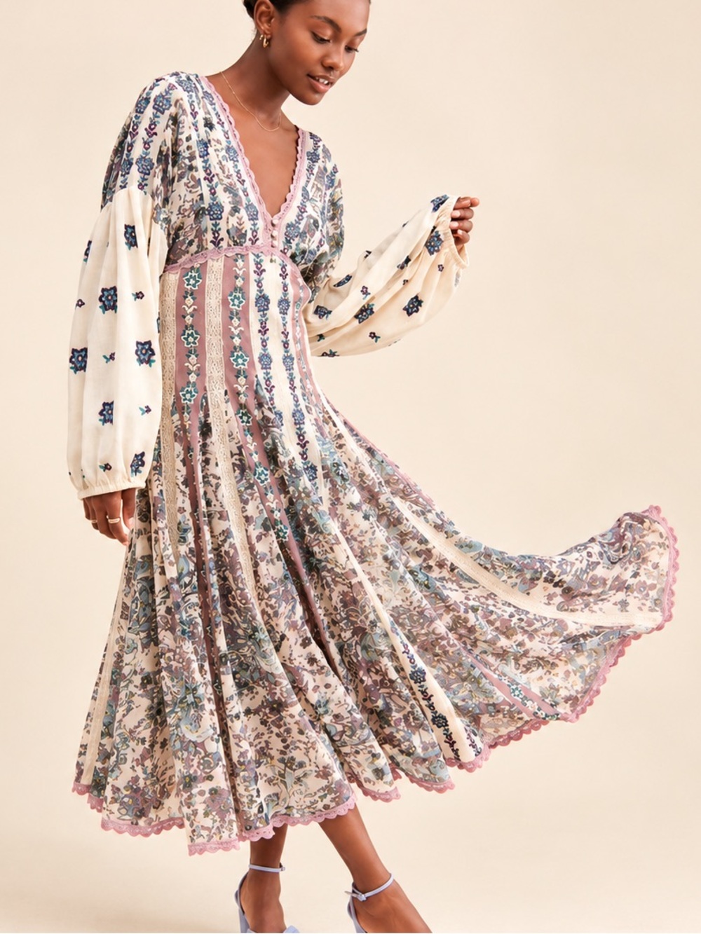 Anthropologie Letmebe Embroidered Mesh Maxi Dress L Boho Viscose Cottagecore